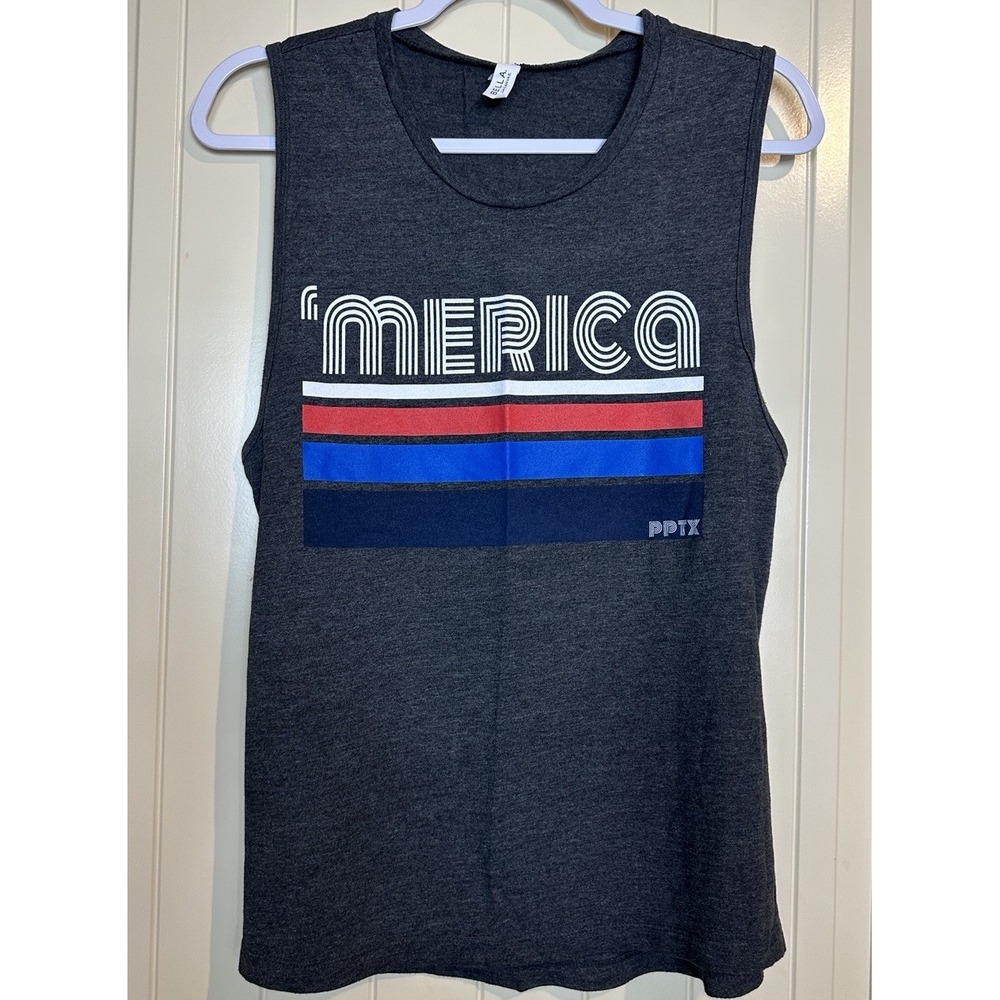 'Merica American USA gray sleeveless tank top t-shirt sz L Bella Canvas GUC